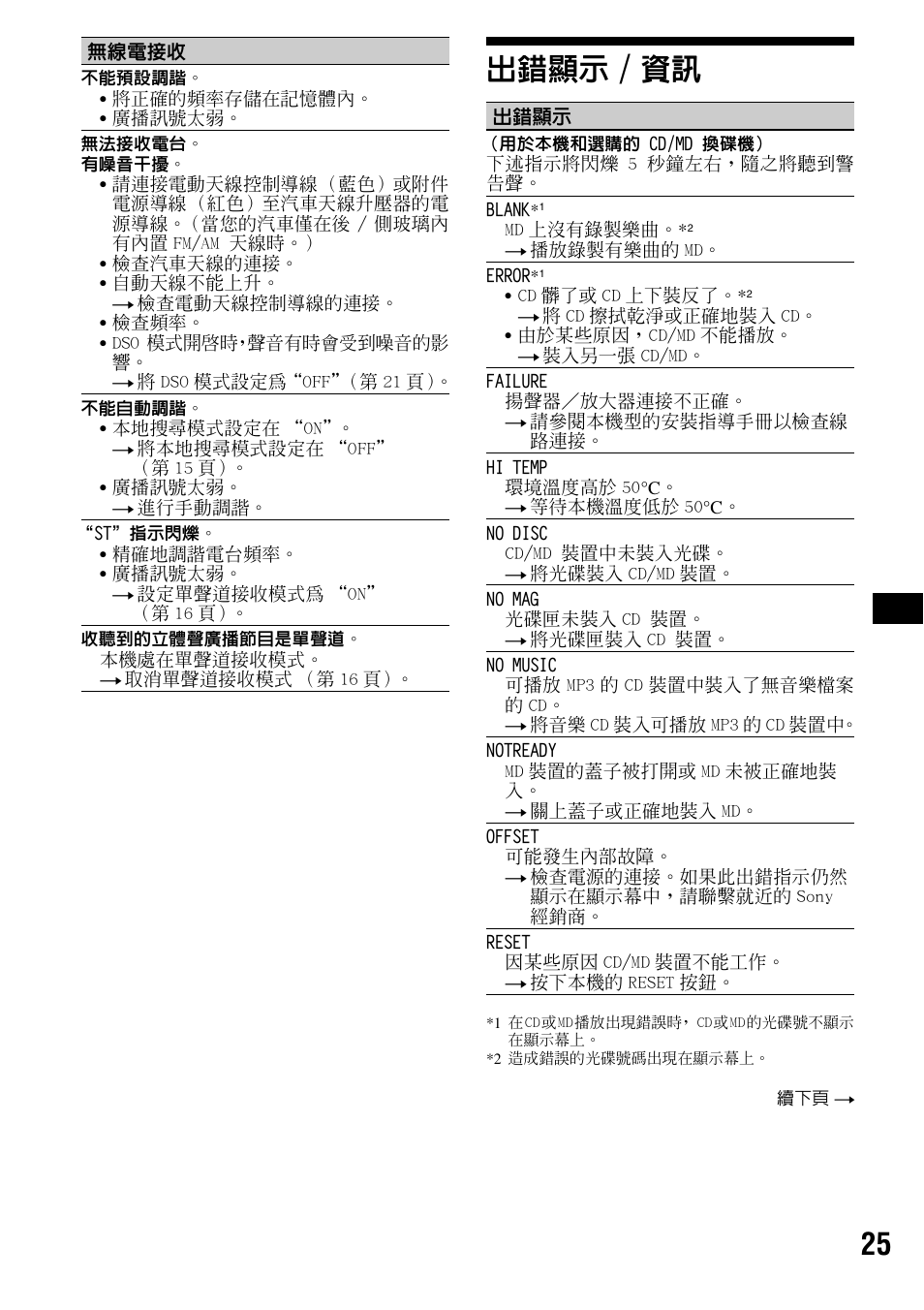 出錯顯示/資訊, 出錯顯示 / 資訊, 25 出錯顯示 / 資訊 | Sony CDX-F5500 User Manual | Page 81 / 84