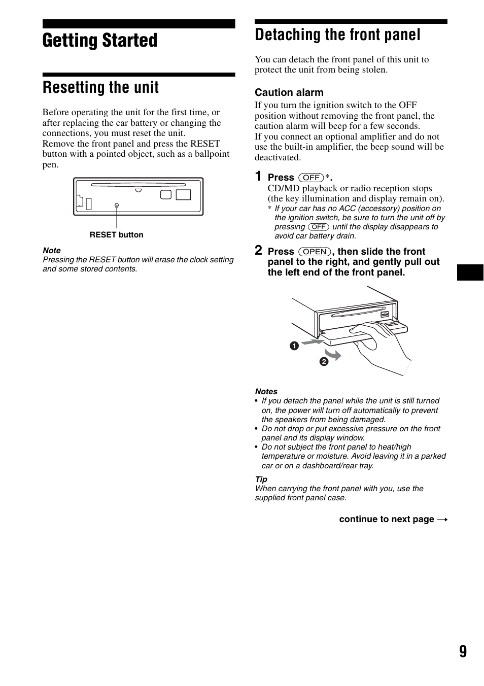 Getting started, Resetting the unit, Detaching the front panel | Resetting the unit detaching the front panel | Sony CDX-F5500 User Manual | Page 9 / 84