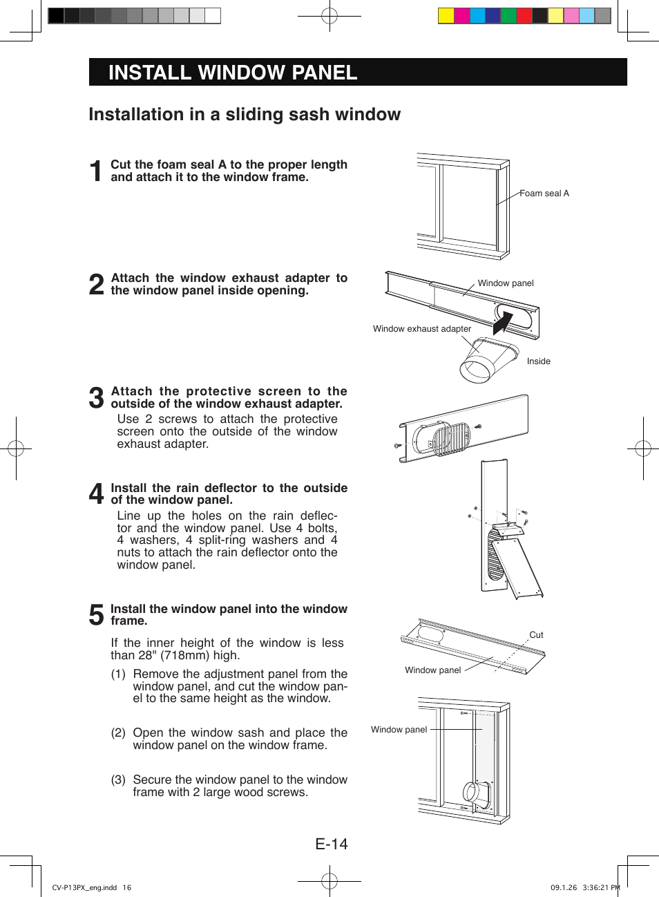 Install window panel, Installation in a sliding sash window | Sony CV-P12PX User Manual | Page 16 / 34