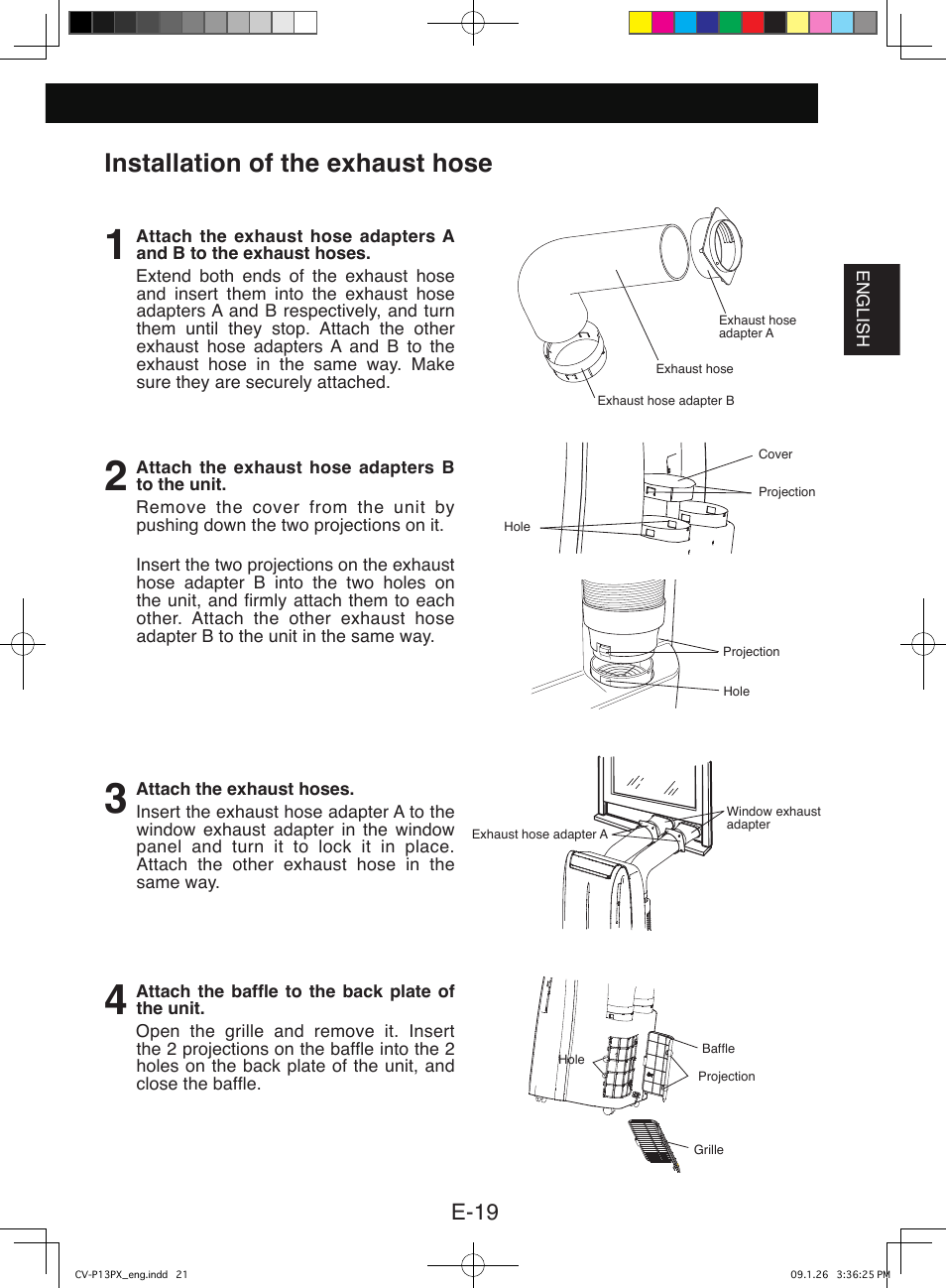 Installation of the exhaust hose, E-19 | Sony CV-P12PX User Manual | Page 21 / 34
