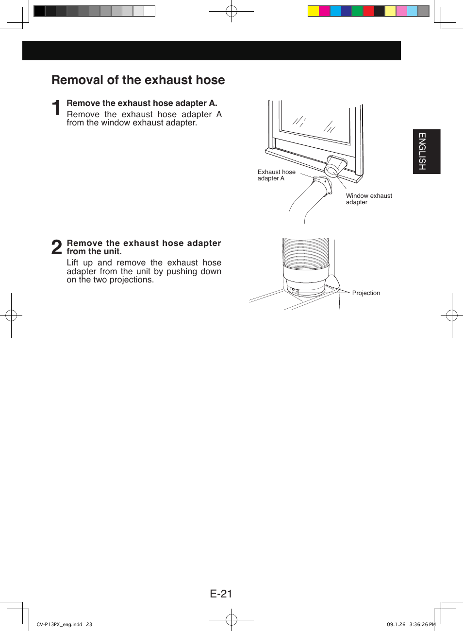 Removal of the exhaust hose, E-21 | Sony CV-P12PX User Manual | Page 23 / 34