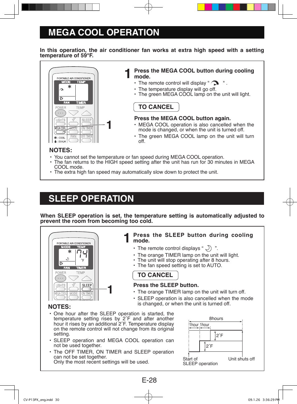 Mega cool operation, Sleep operation, E-28 | Sony CV-P12PX User Manual | Page 30 / 34