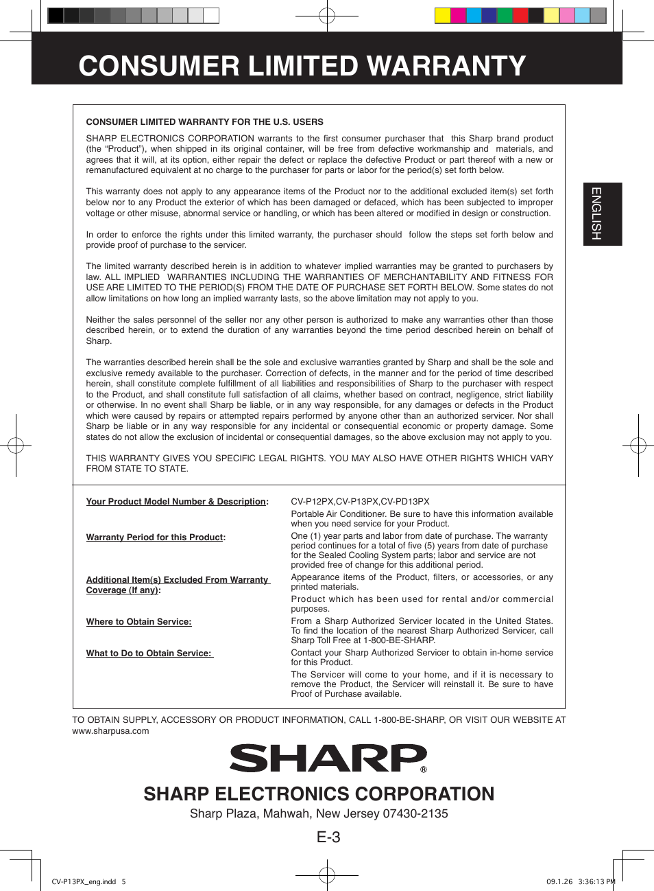Consumer limited warranty, Sharp electronics corporation, English | Sony CV-P12PX User Manual | Page 5 / 34