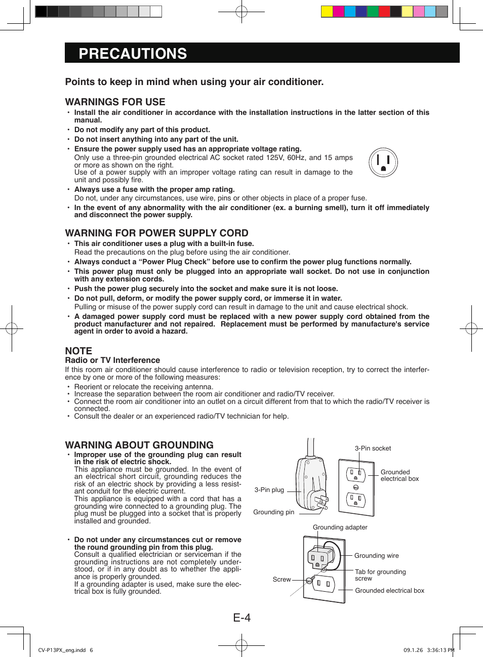 Precautions, Warning for power supply cord, Warning about grounding | Sony CV-P12PX User Manual | Page 6 / 34