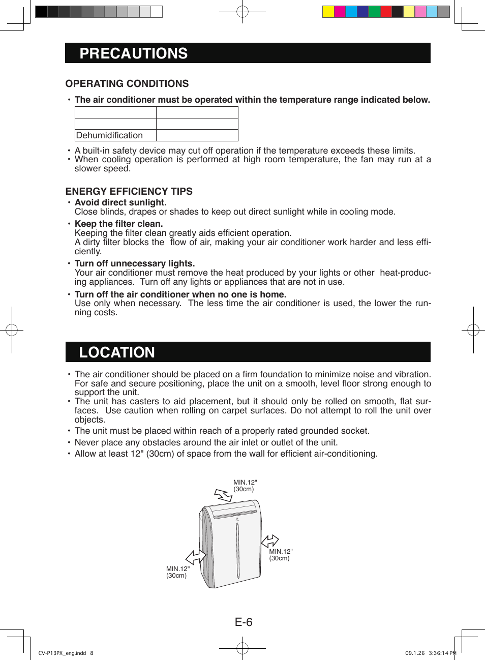 Precautions, Location | Sony CV-P12PX User Manual | Page 8 / 34