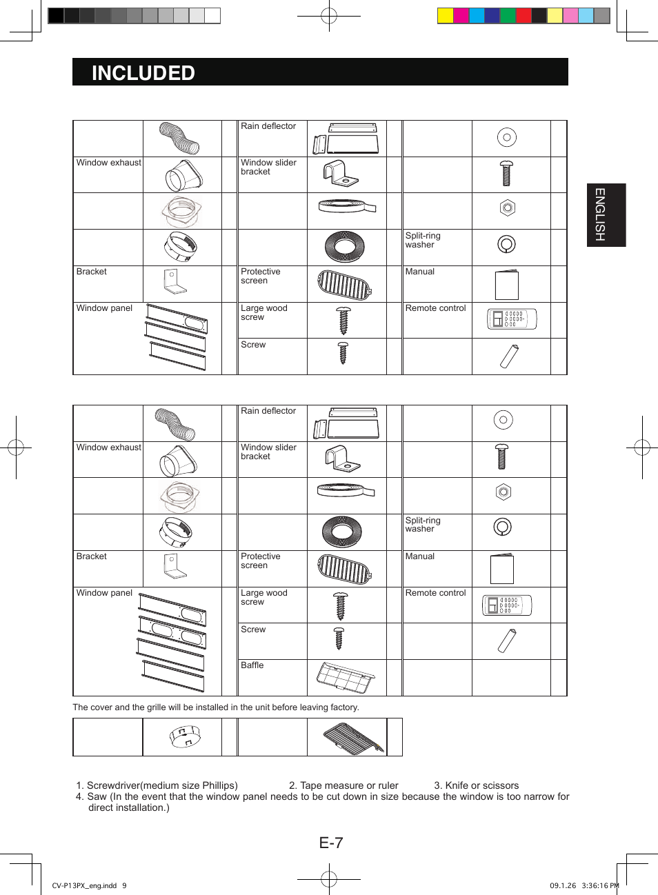 Included, Cv-p12px / cv-p13px, Cv-pd13px | Suggested tools for window panel installation, English | Sony CV-P12PX User Manual | Page 9 / 34