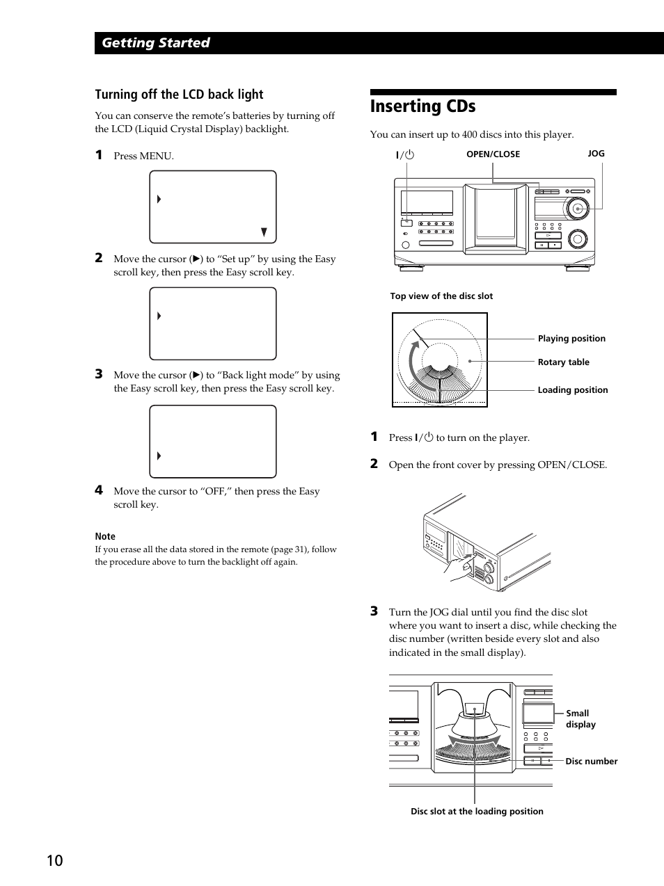 Inserting cds, Getting started, Turning off the lcd back light | Sony CDP-CX450 User Manual | Page 10 / 48