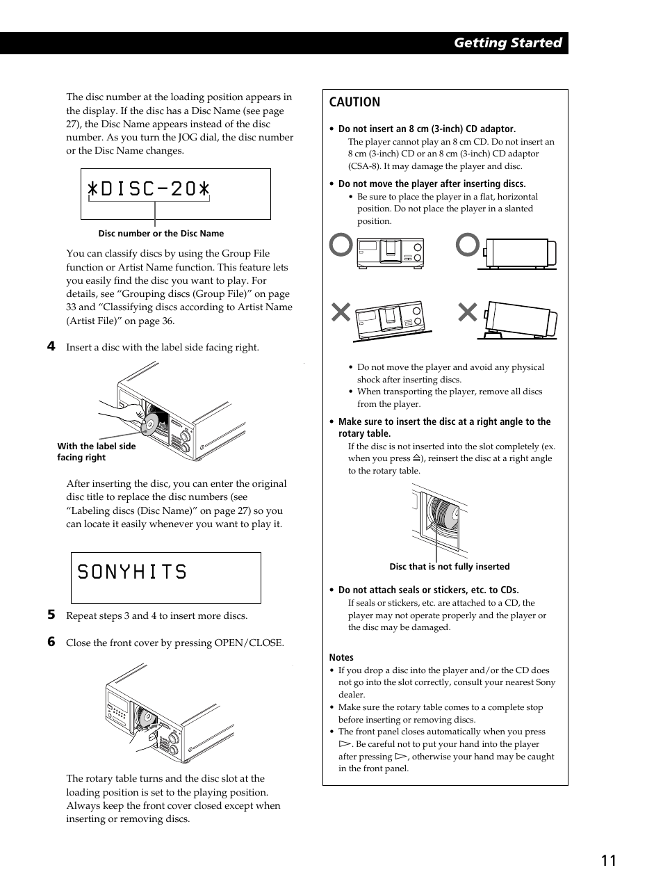 Getting started, Caution | Sony CDP-CX450 User Manual | Page 11 / 48