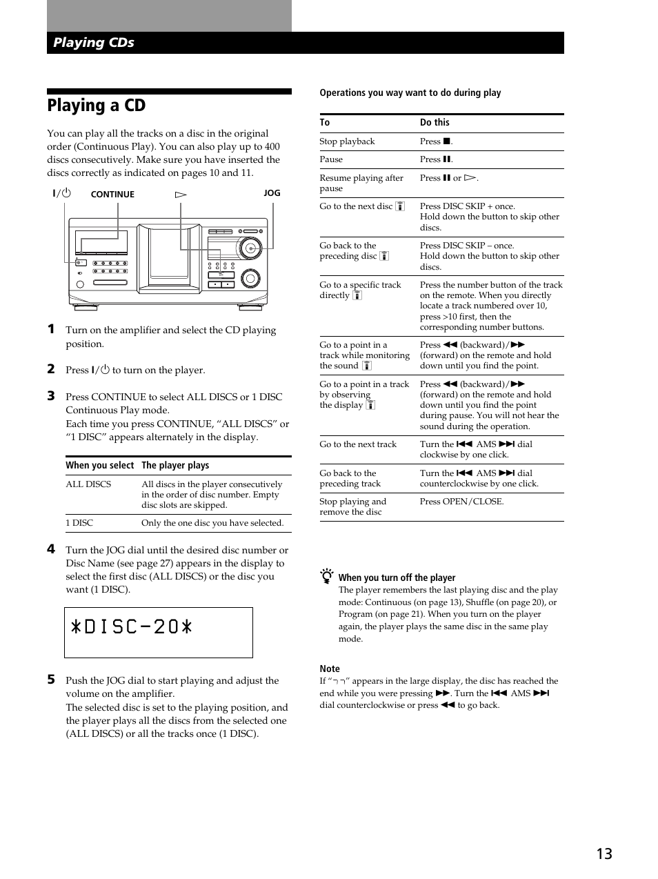 Playing a cd, Playing cds | Sony CDP-CX450 User Manual | Page 13 / 48