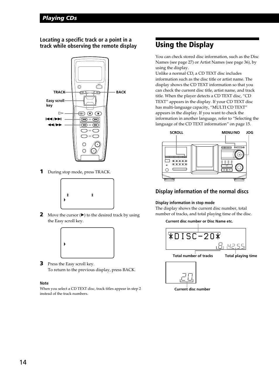 Using the display, Playing cds, Display information of the normal discs | Sony CDP-CX450 User Manual | Page 14 / 48