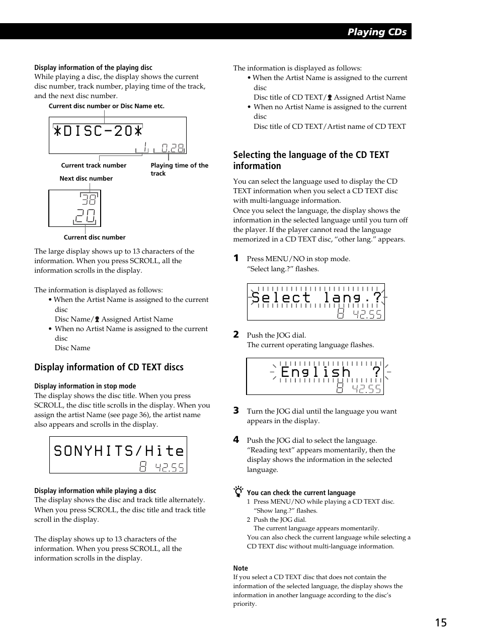 Playing cds, Selecting the language of the cd text information, Display information of cd text discs | Sony CDP-CX450 User Manual | Page 15 / 48