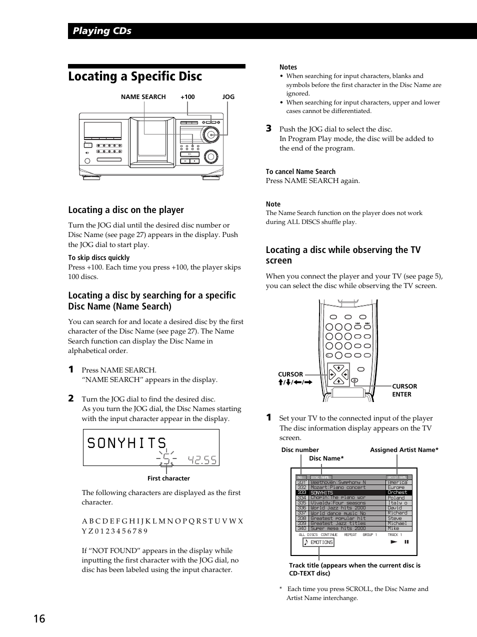 Locating a specific disc, Playing cds, Locating a disc while observing the tv screen | Locating a disc on the player | Sony CDP-CX450 User Manual | Page 16 / 48