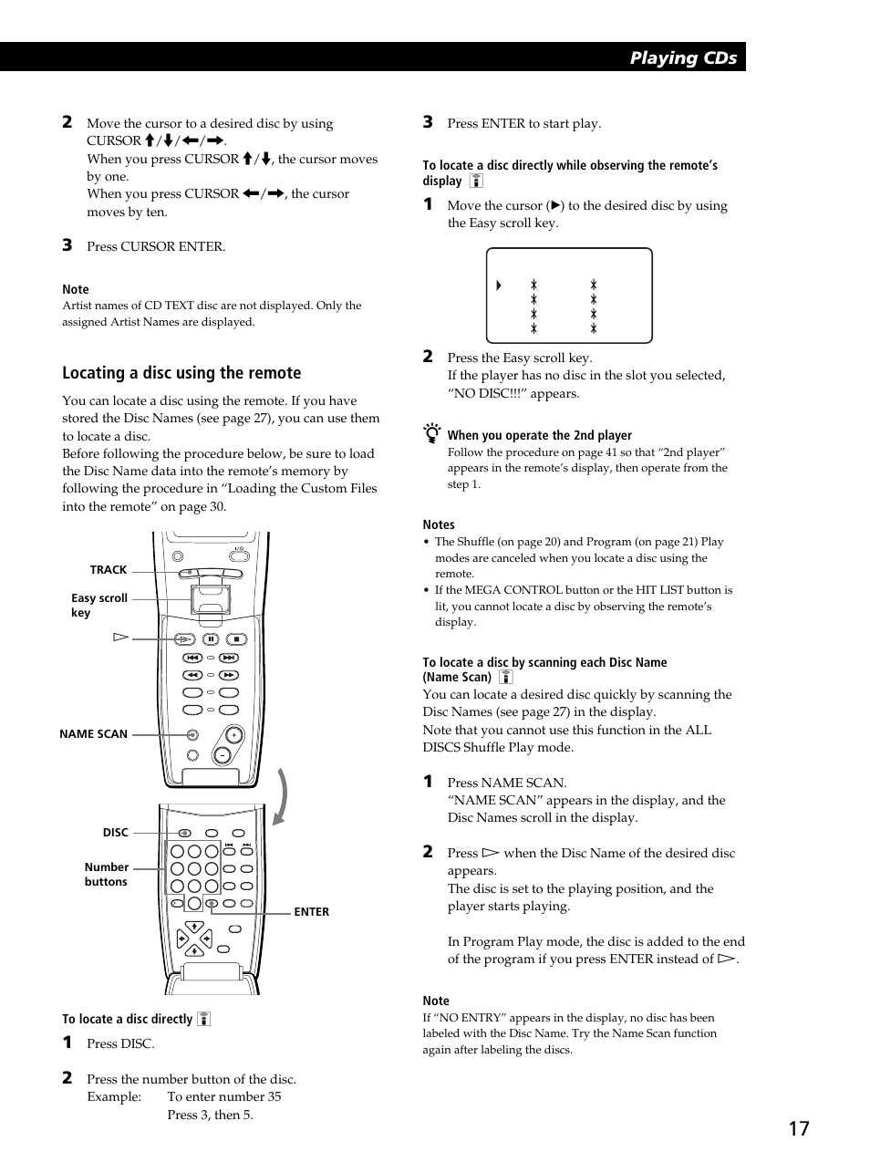 Playing cds, Locating a disc using the remote | Sony CDP-CX450 User Manual | Page 17 / 48