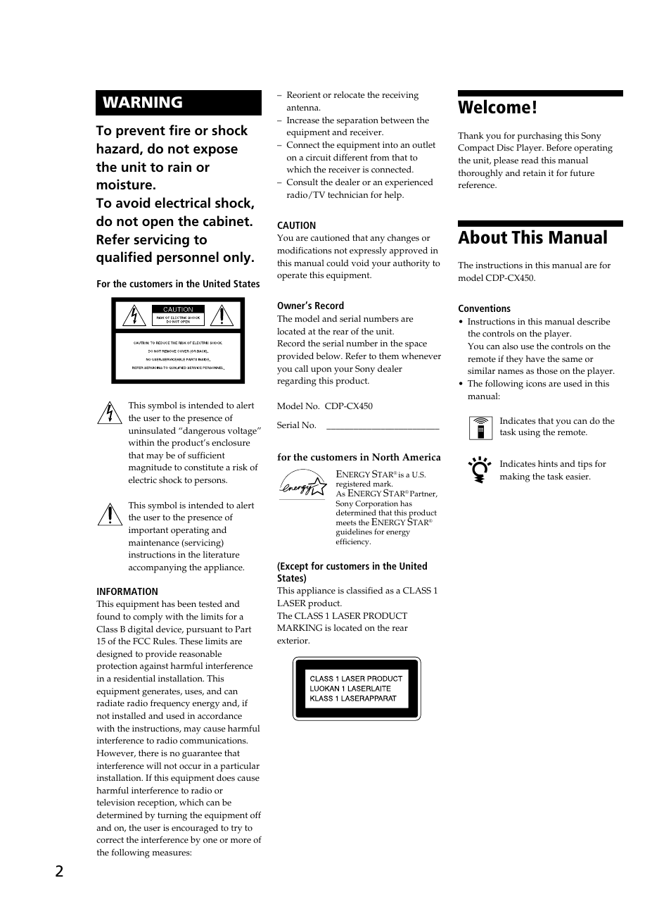 Welcome, About this manual, 2warning | Sony CDP-CX450 User Manual | Page 2 / 48