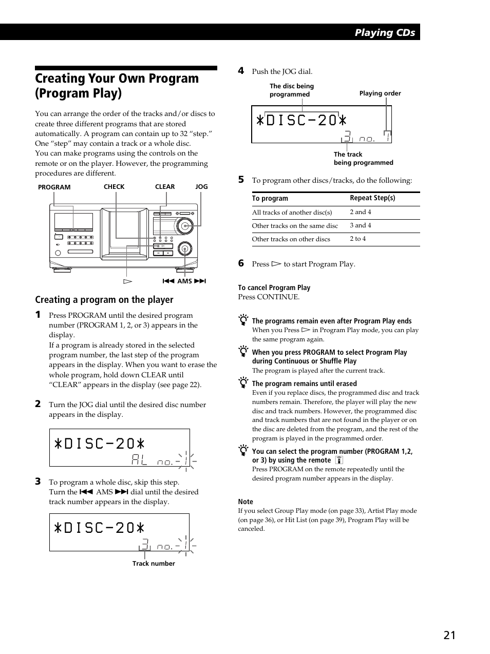 Creating your own program (program play), Playing cds, Creating a program on the player 1 | Sony CDP-CX450 User Manual | Page 21 / 48