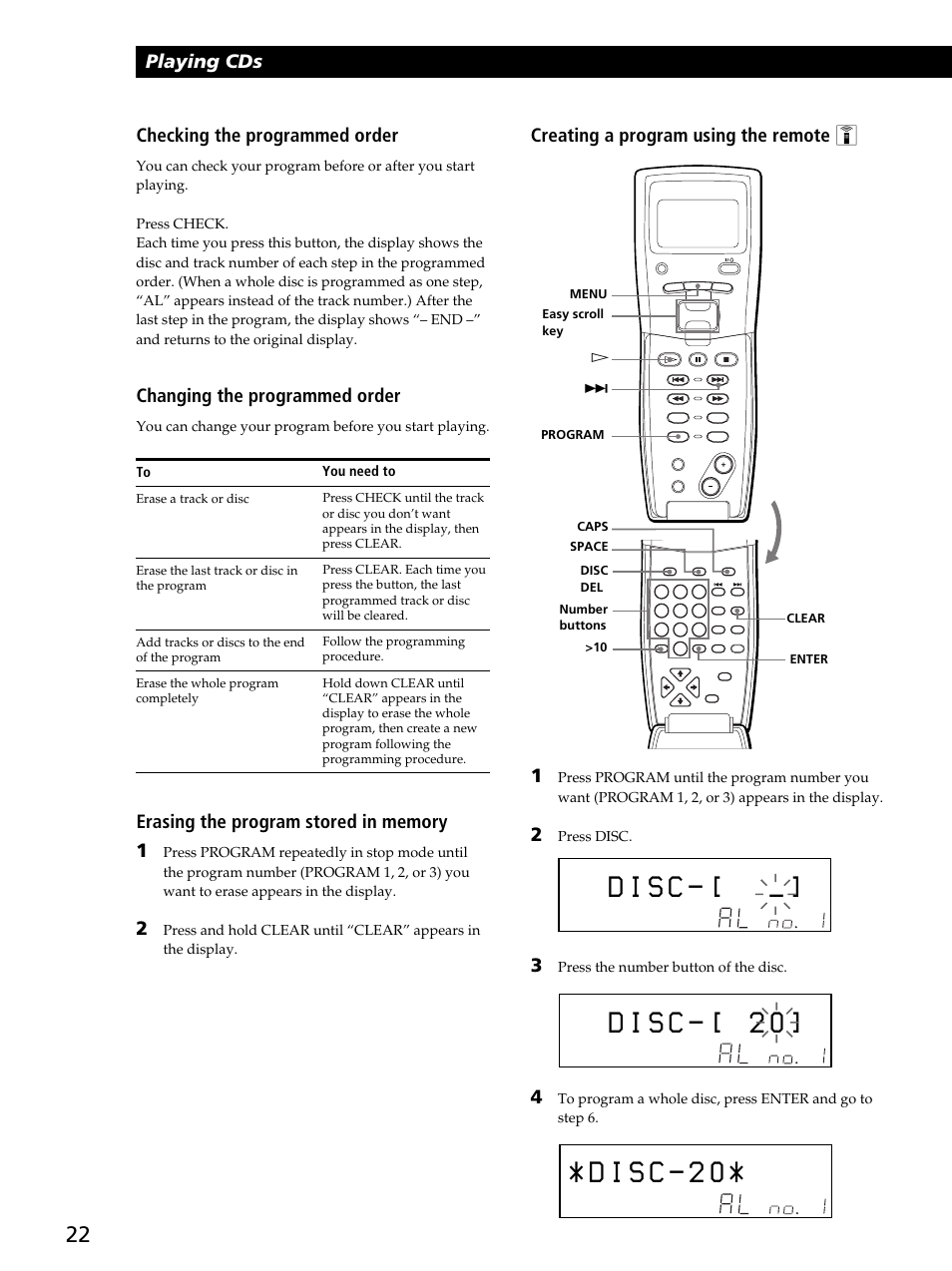 D i s c, Playing cds, Creating a program using the remote z | Checking the programmed order, Changing the programmed order, Press disc, Press the number button of the disc, You need to | Sony CDP-CX450 User Manual | Page 22 / 48