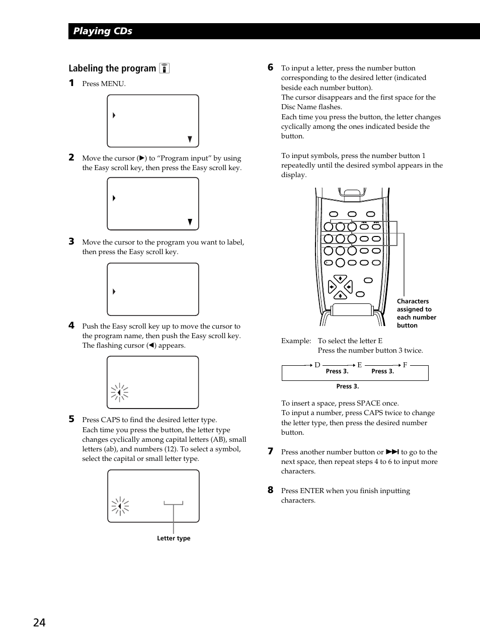 Playing cds, Labeling the program z 1 | Sony CDP-CX450 User Manual | Page 24 / 48