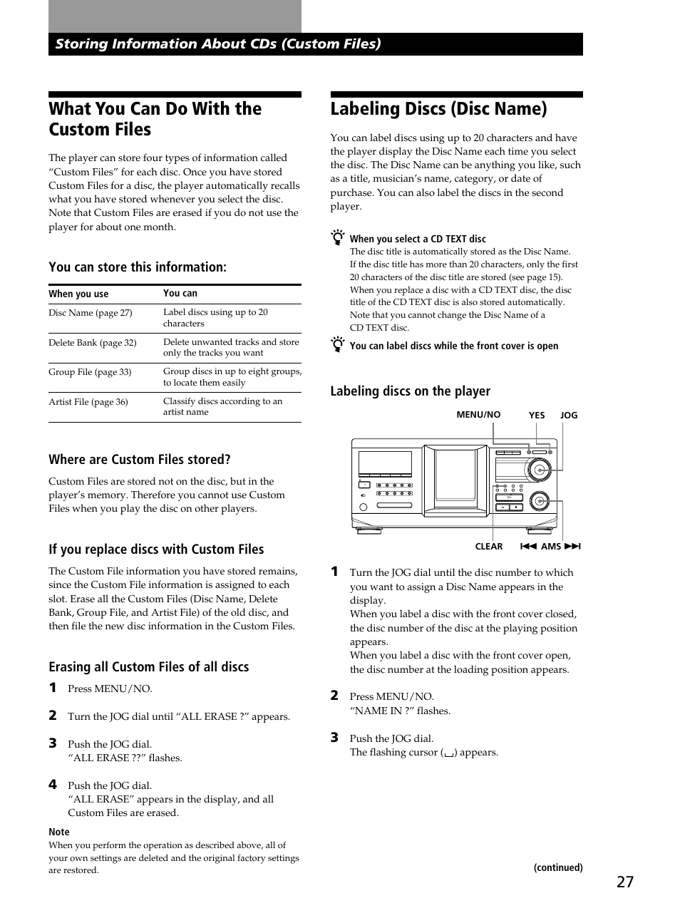 What you can do with the custom files, Labeling discs (disc name), Storing information about cds (custom files) | You can store this information, Where are custom files stored, If you replace discs with custom files, Erasing all custom files of all discs 1, Labeling discs on the player 1 | Sony CDP-CX450 User Manual | Page 27 / 48