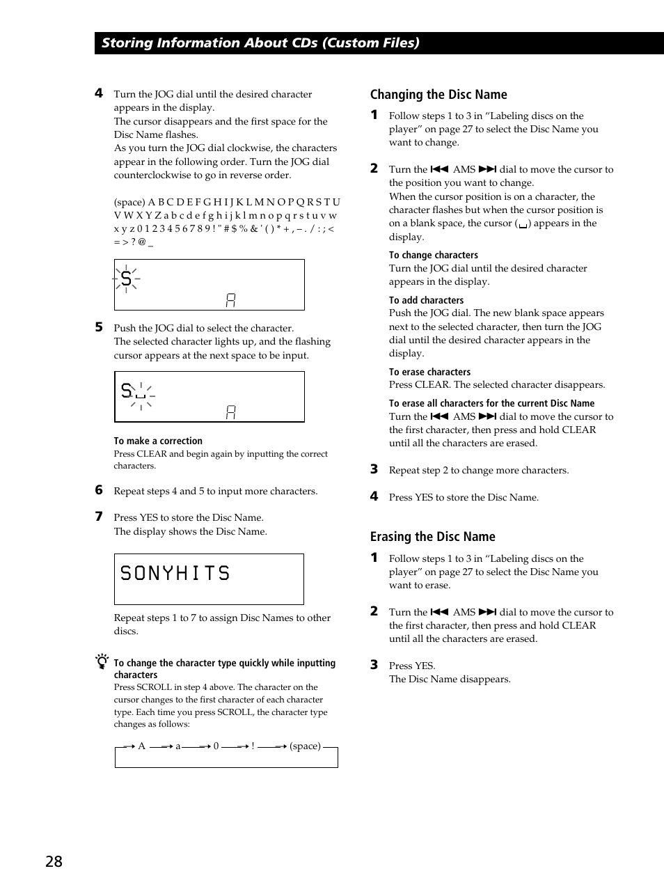 Storing information about cds (custom files), Changing the disc name 1, Erasing the disc name 1 | Sony CDP-CX450 User Manual | Page 28 / 48