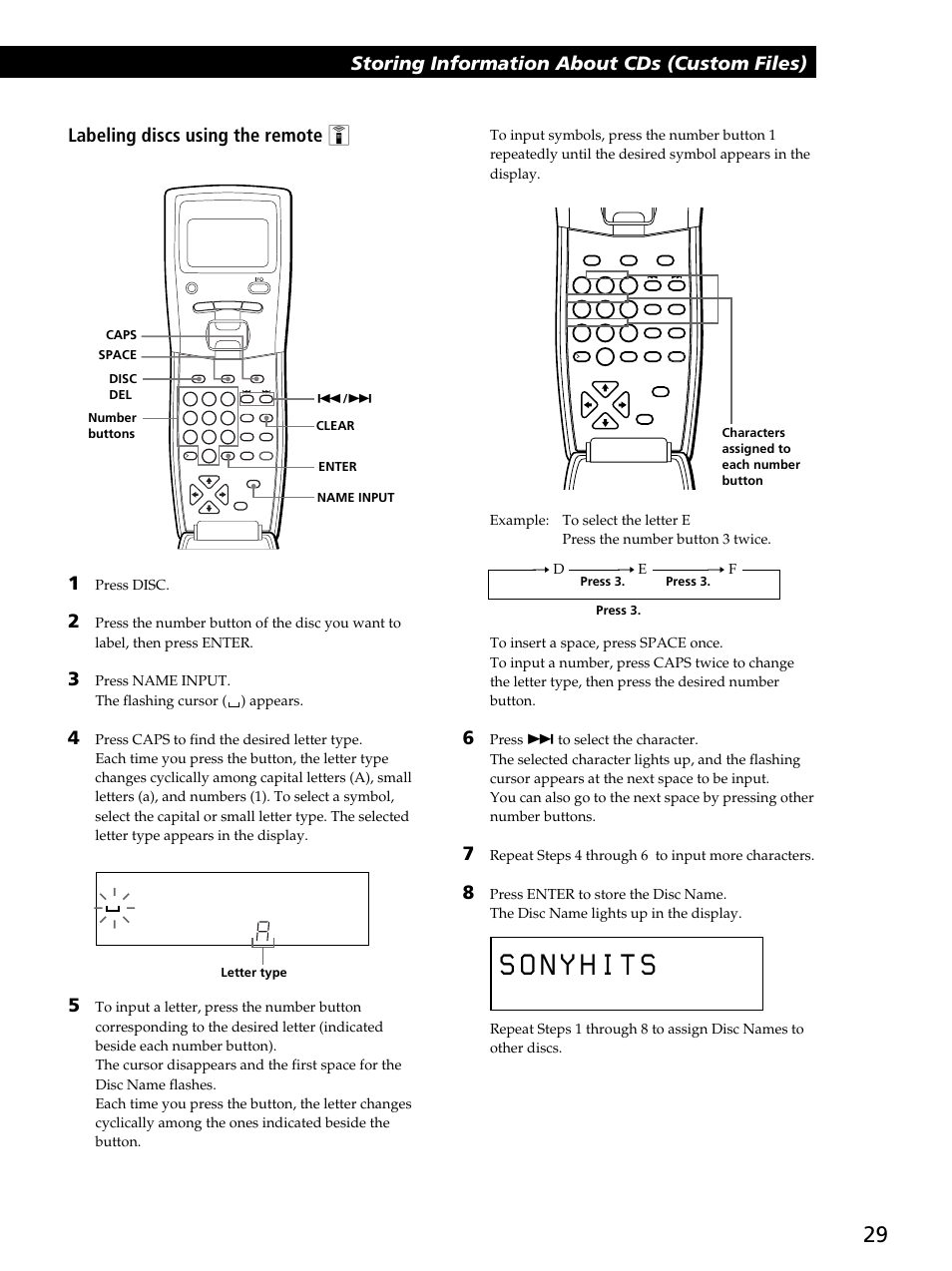 Storing information about cds (custom files), Storing information about cds (custom files) 1, Labeling discs using the remote z | Press disc, Press name input. the flashing cursor ( ) appears, Repeat steps 4 through 6 to input more characters | Sony CDP-CX450 User Manual | Page 29 / 48