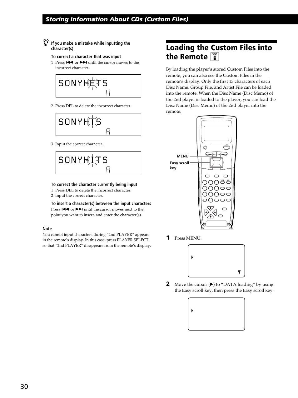 Loading the custom files into the remote z, Storing information about cds (custom files), Press menu | Sony CDP-CX450 User Manual | Page 30 / 48