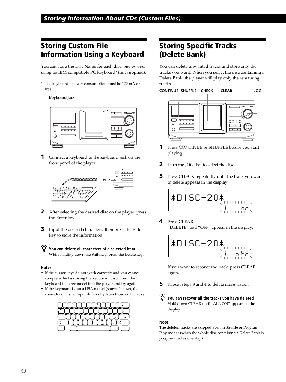 Storing custom file information using a keyboard, Storing specific tracks (delete bank), Storing information about cds (custom files) | Press continue or shuffle before you start playing, Turn the jog dial to select the disc, Repeat steps 3 and 4 to delete more tracks, You can recover all the tracks you have deleted, You can delete all characters of a selected item, I / 1 | Sony CDP-CX450 User Manual | Page 32 / 48
