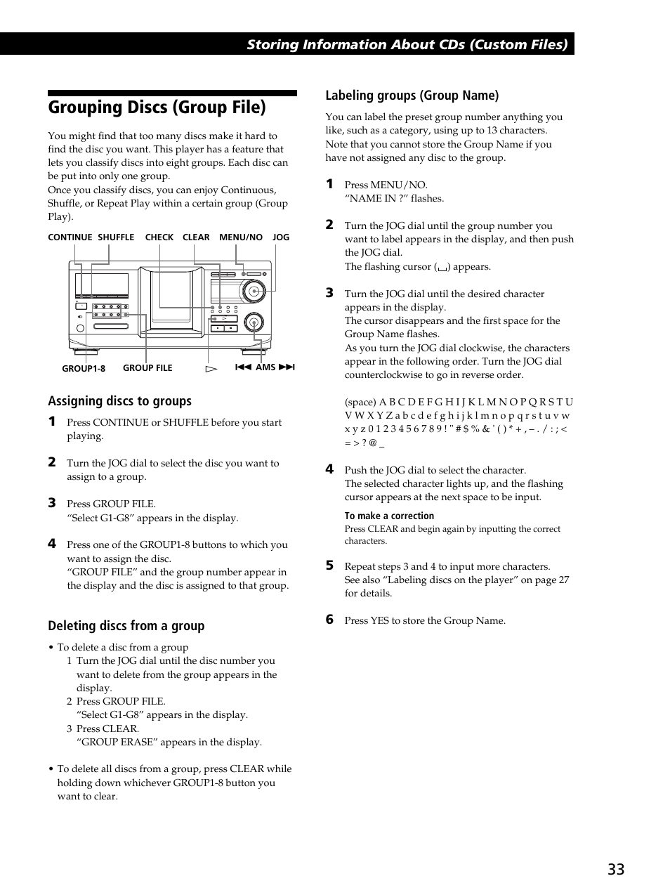 Grouping discs (group file), Storing information about cds (custom files), Assigning discs to groups 1 | Deleting discs from a group, Labeling groups (group name) | Sony CDP-CX450 User Manual | Page 33 / 48