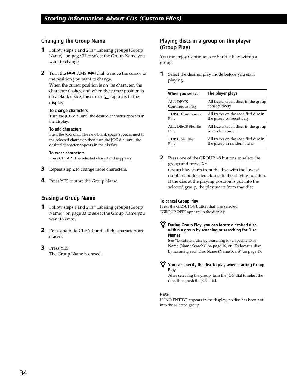 Storing information about cds (custom files), Changing the group name 1, Erasing a group name 1 | Sony CDP-CX450 User Manual | Page 34 / 48