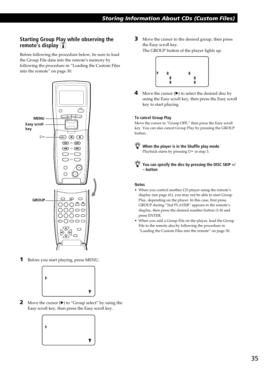 Storing information about cds (custom files), Before you start playing, press menu, When the player is in the shuffle play mode | Sony CDP-CX450 User Manual | Page 35 / 48