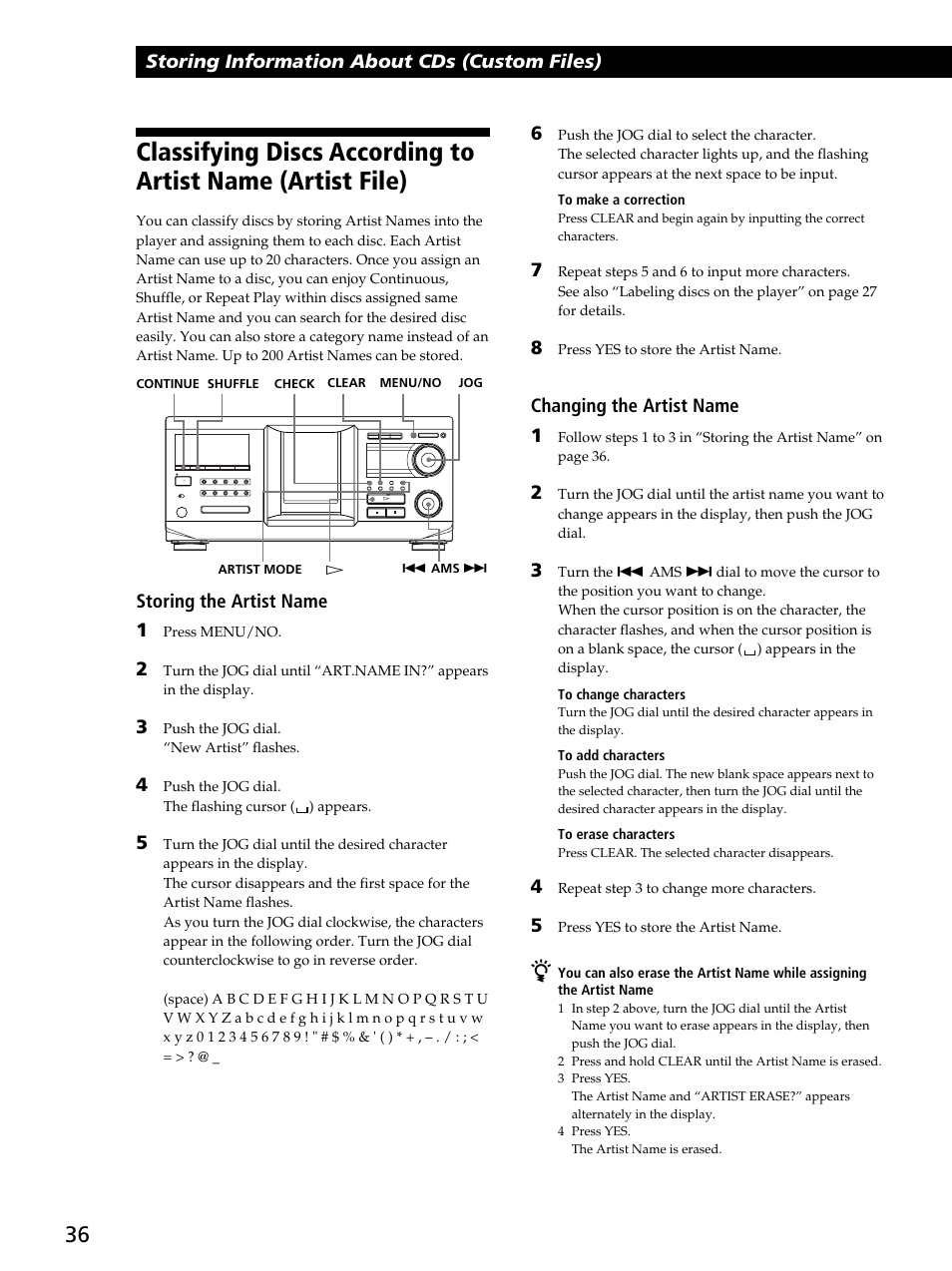 Storing information about cds (custom files), Storing the artist name 1, Changing the artist name 1 | Sony CDP-CX450 User Manual | Page 36 / 48