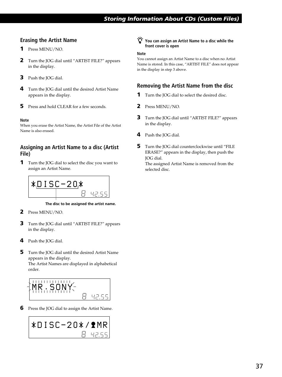 M r . s o n y, Storing information about cds (custom files), Erasing the artist name 1 | Assigning an artist name to a disc (artist file) 1, Removing the artist name from the disc 1 | Sony CDP-CX450 User Manual | Page 37 / 48