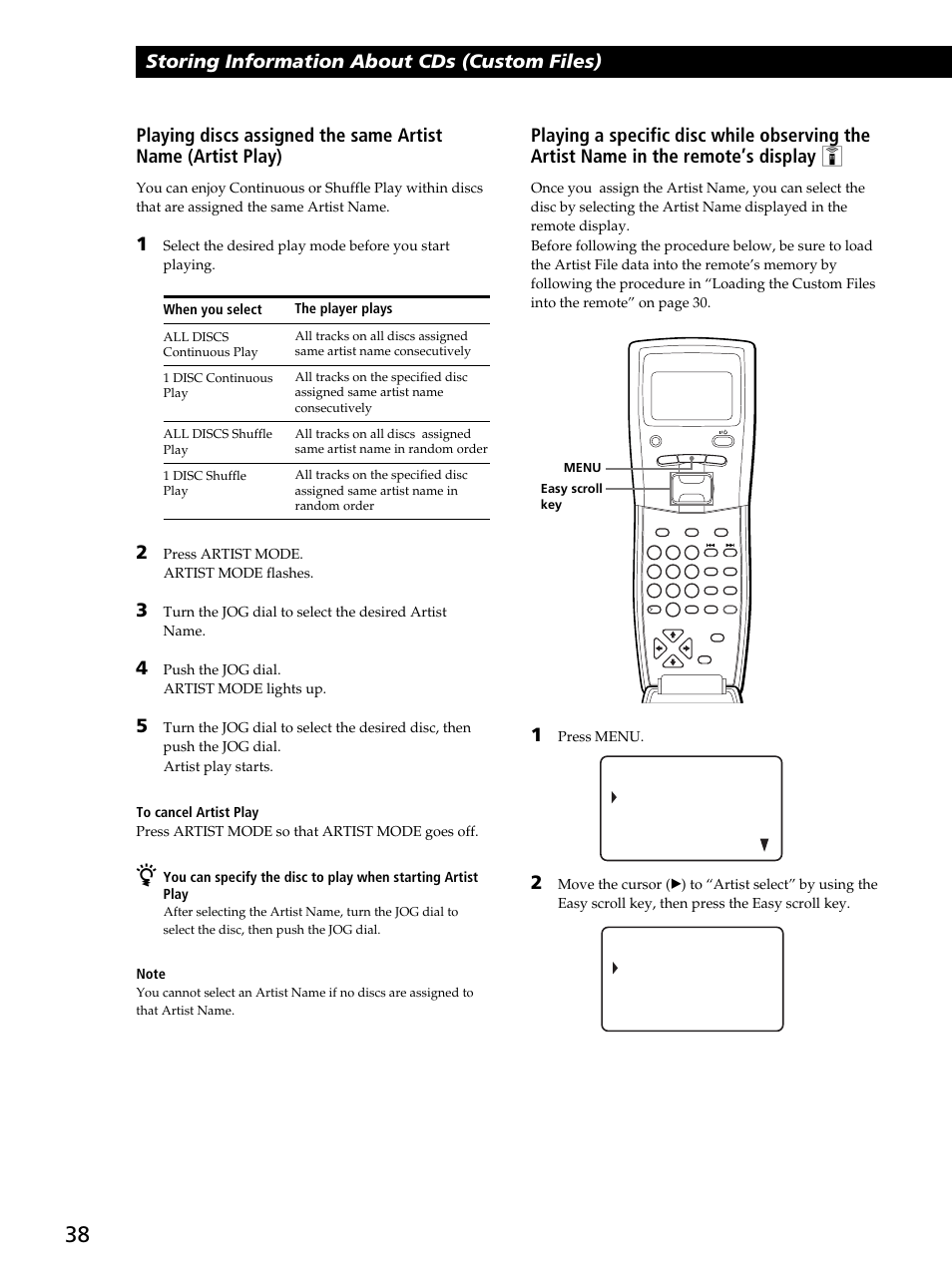 Storing information about cds (custom files), Press menu, Press artist mode. artist mode flashes | Push the jog dial. artist mode lights up, The player plays | Sony CDP-CX450 User Manual | Page 38 / 48