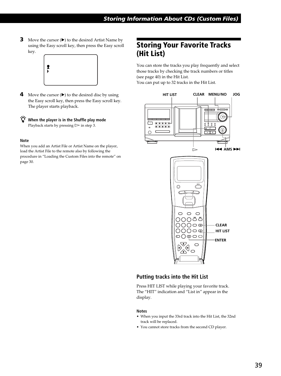 Storing your favorite tracks (hit list), Storing information about cds (custom files), Putting tracks into the hit list | When the player is in the shuffle play mode | Sony CDP-CX450 User Manual | Page 39 / 48