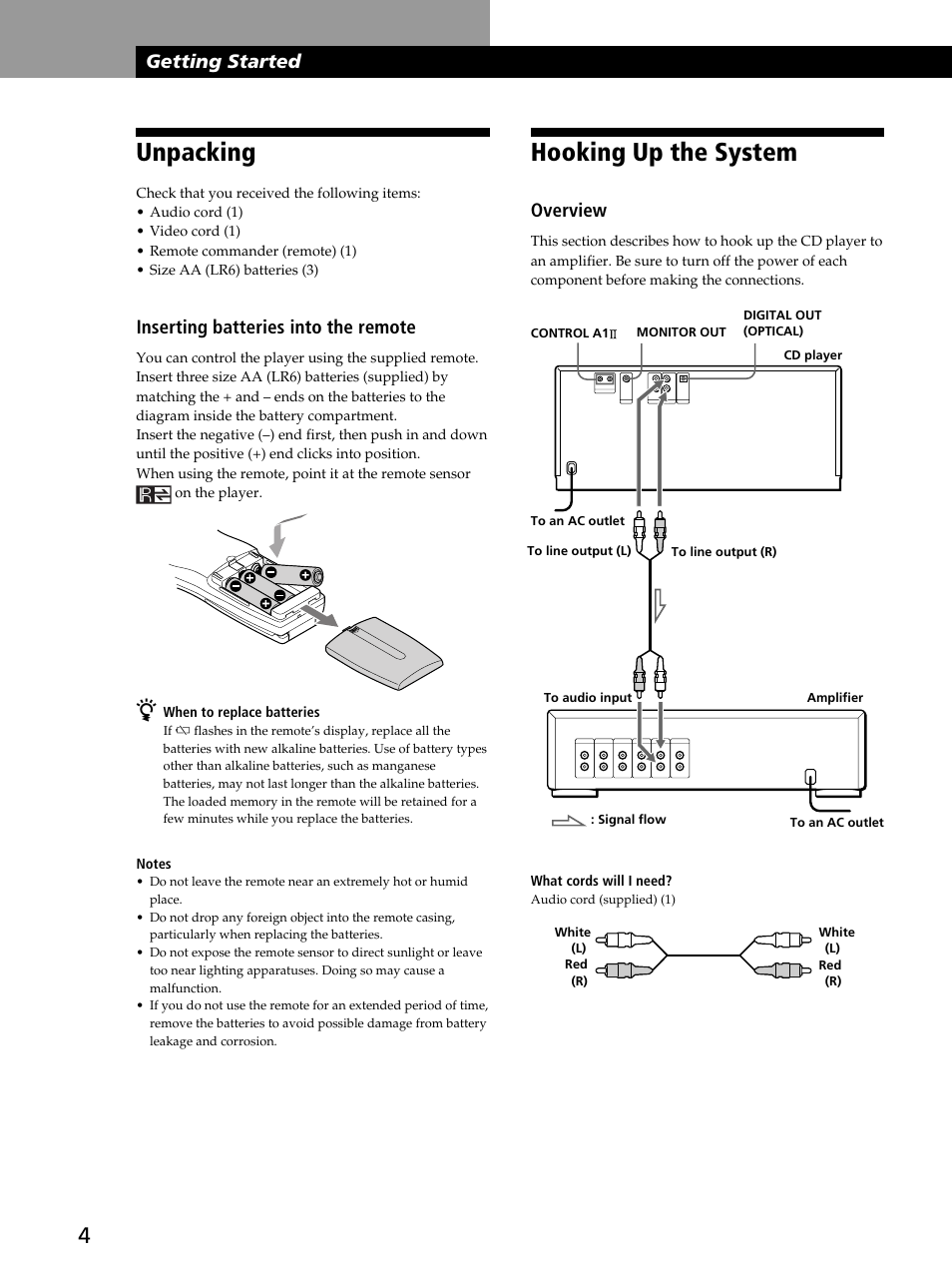 Unpacking, Hooking up the system, Getting started | Inserting batteries into the remote, Overview | Sony CDP-CX450 User Manual | Page 4 / 48