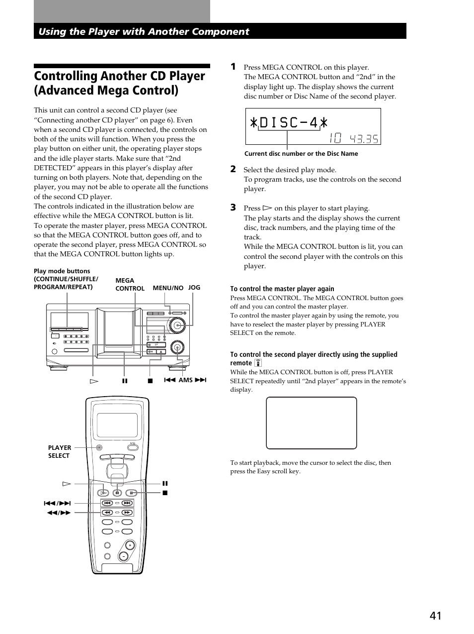 Storing information about cds (custom files), Using the player with another component 1 | Sony CDP-CX450 User Manual | Page 41 / 48