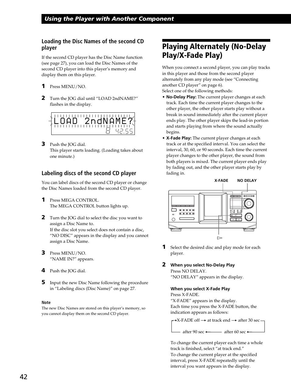 Playing alternately (no-delay play/x-fade play), Using the player with another component, Loading the disc names of the second cd player | Labeling discs of the second cd player | Sony CDP-CX450 User Manual | Page 42 / 48