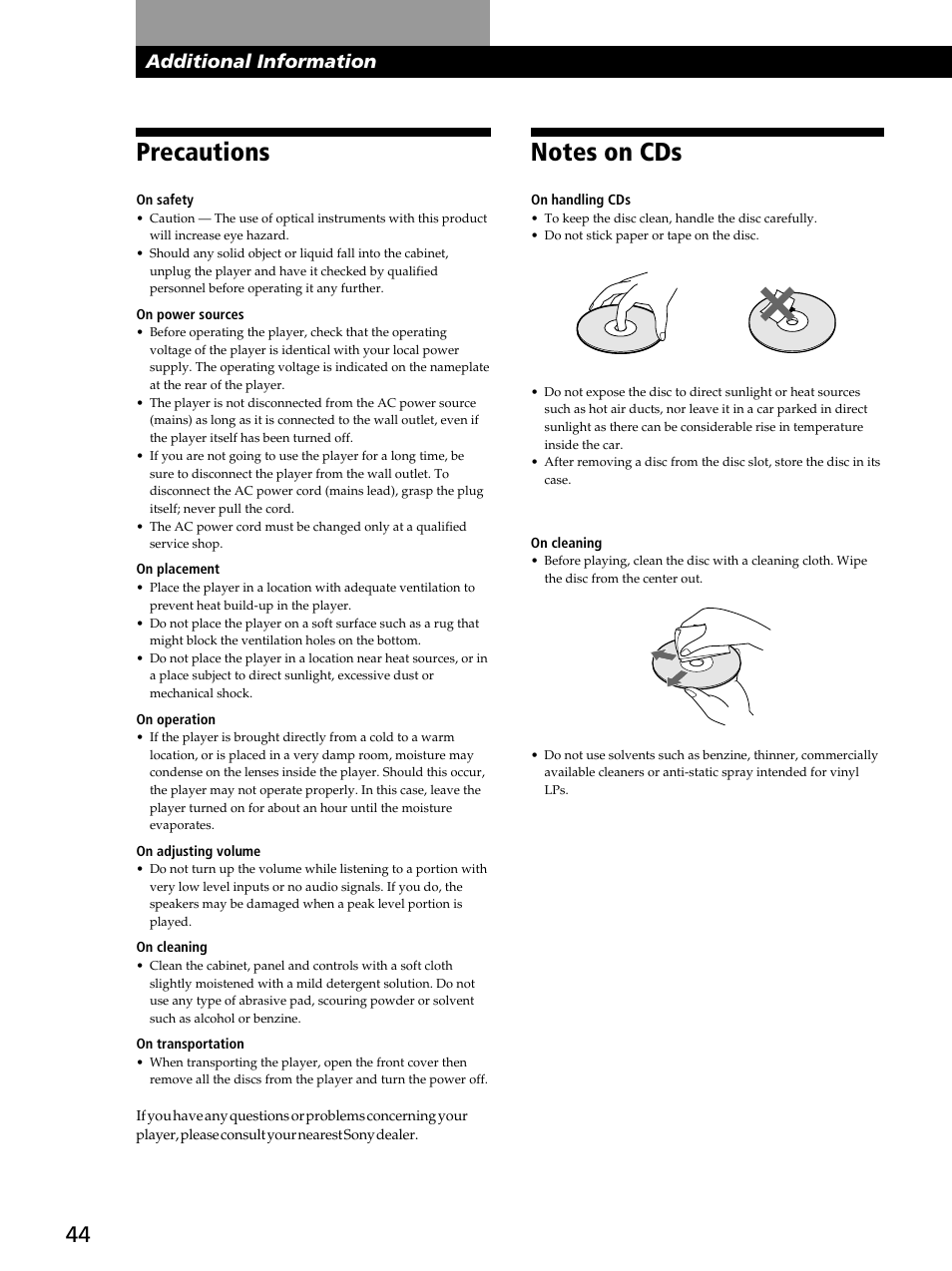 Precautions, Notes on cds, Additional information | Sony CDP-CX450 User Manual | Page 44 / 48