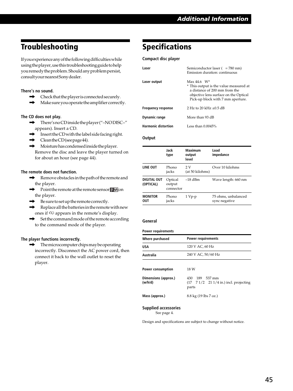 Troubleshooting, Specifications, Additional information | Sony CDP-CX450 User Manual | Page 45 / 48