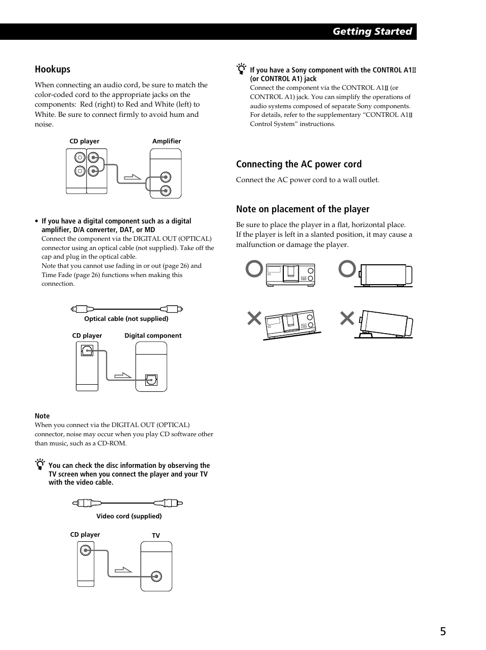 Getting started, Hookups, Connecting the ac power cord | Sony CDP-CX450 User Manual | Page 5 / 48
