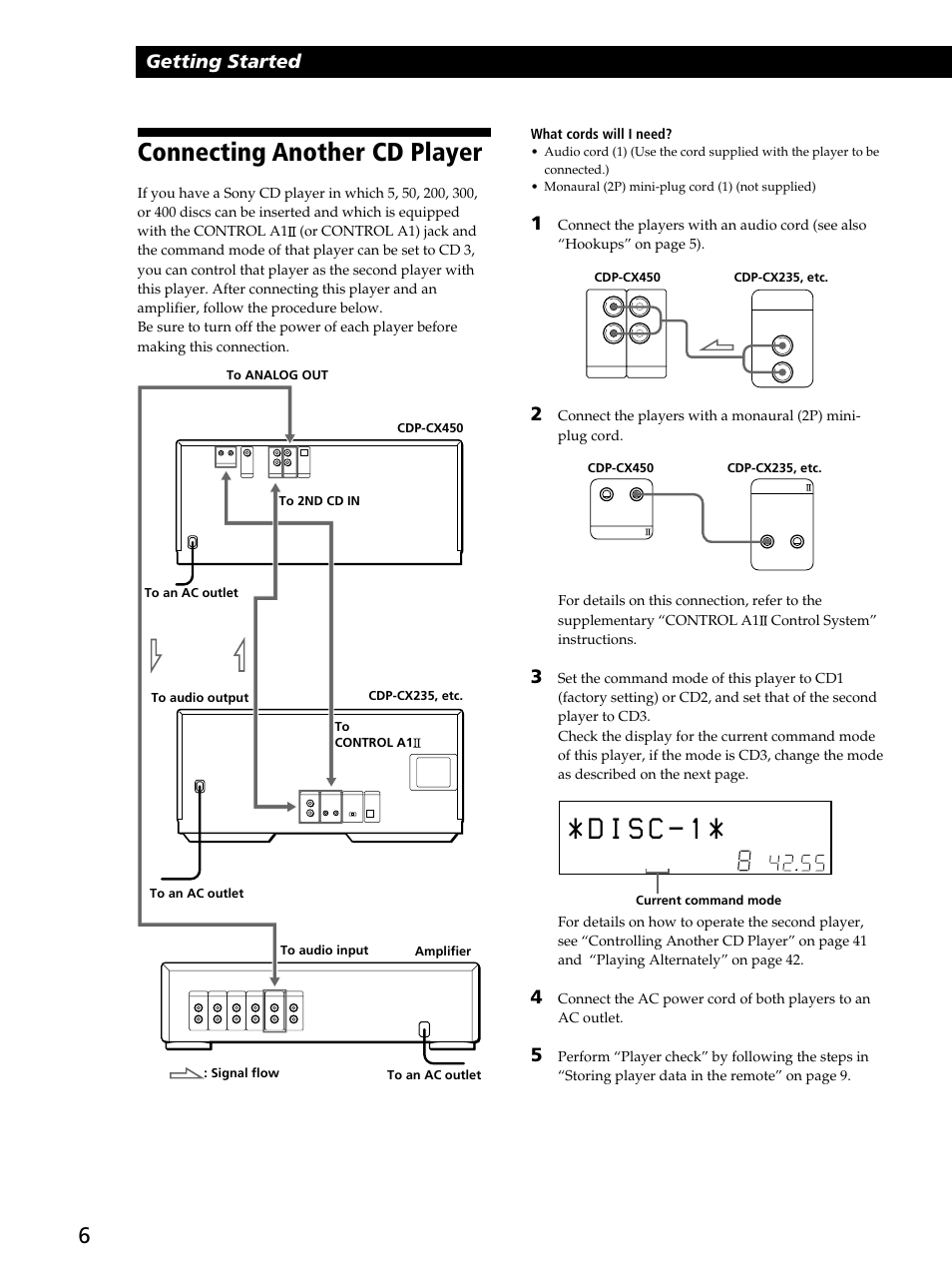 Connecting another cd player 6, Connecting another cd player, Getting started | Sony CDP-CX450 User Manual | Page 6 / 48