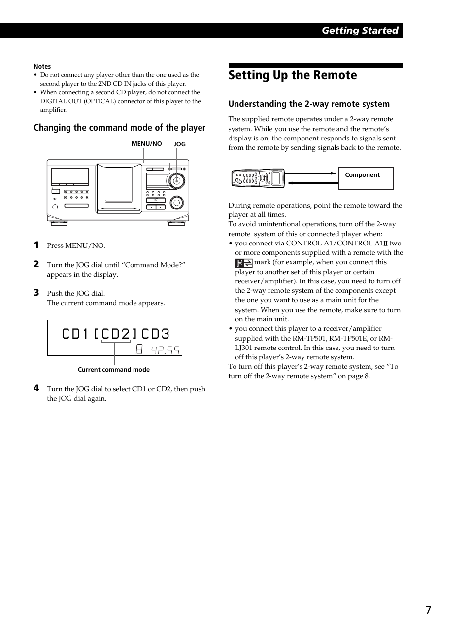 Setting up the remote, C d 1 [ c d ] c 2 d 3, Getting started | Changing the command mode of the player 1, Understanding the 2-way remote system | Sony CDP-CX450 User Manual | Page 7 / 48