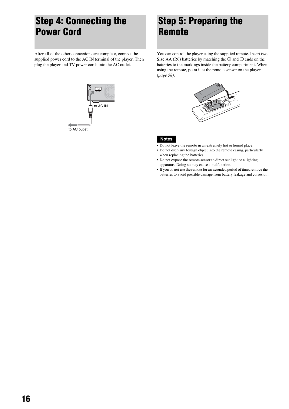 Step 4: connecting the power cord, Step 5: preparing the remote | Sony BDP-S300 User Manual | Page 16 / 72