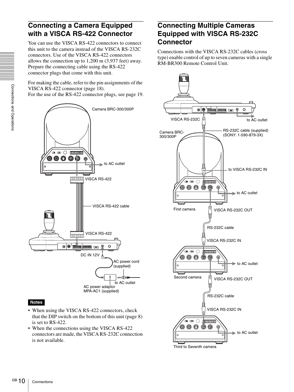 Connecting a camera equipped with a visca, Rs-422 connector, Connecting multiple cameras equipped with | Visca rs-232c connector | Sony RM-BR300 User Manual | Page 10 / 80