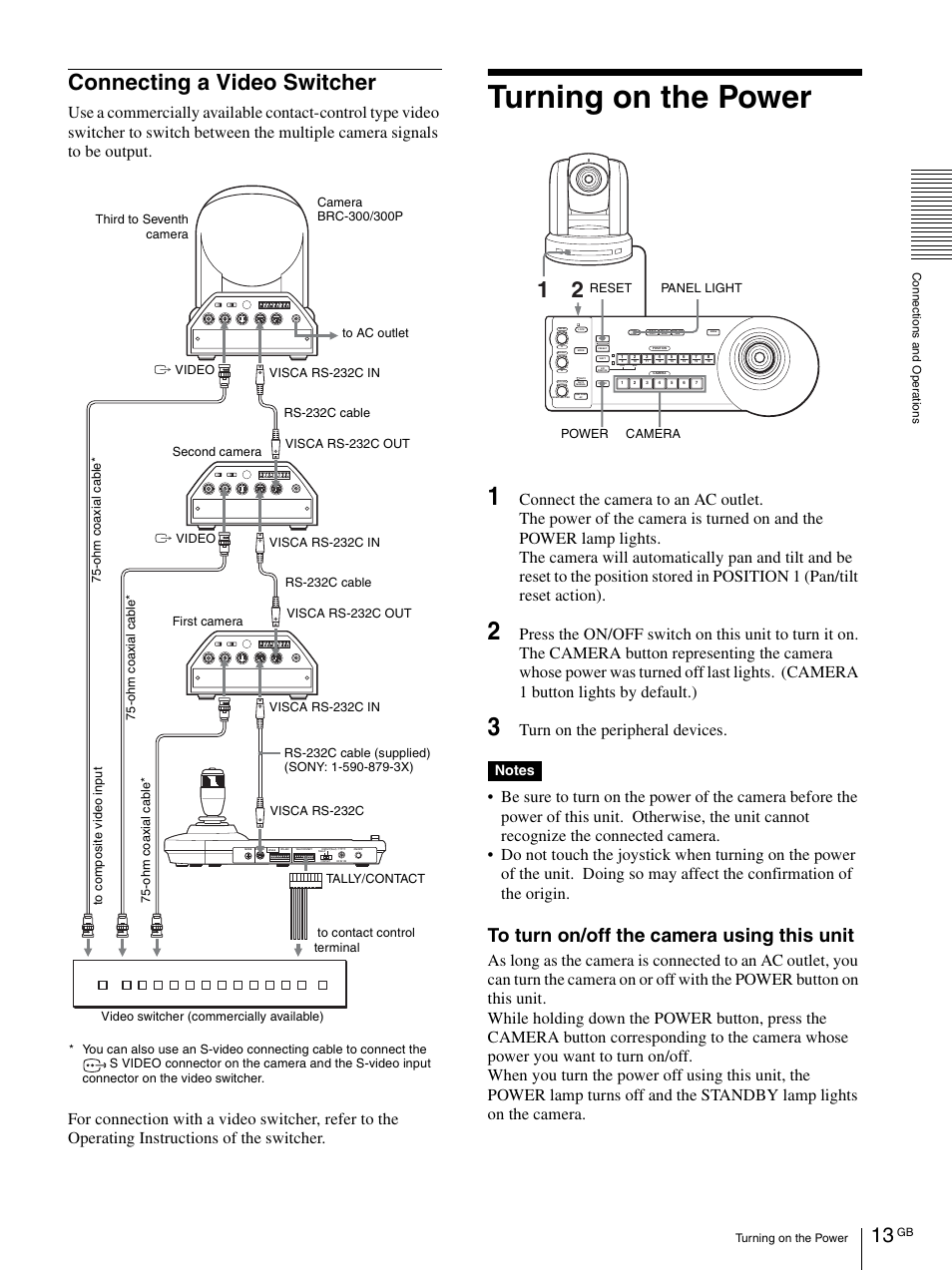 Connecting a video switcher, Turning on the power, Turn on the peripheral devices | Panel light power camera reset | Sony RM-BR300 User Manual | Page 13 / 80