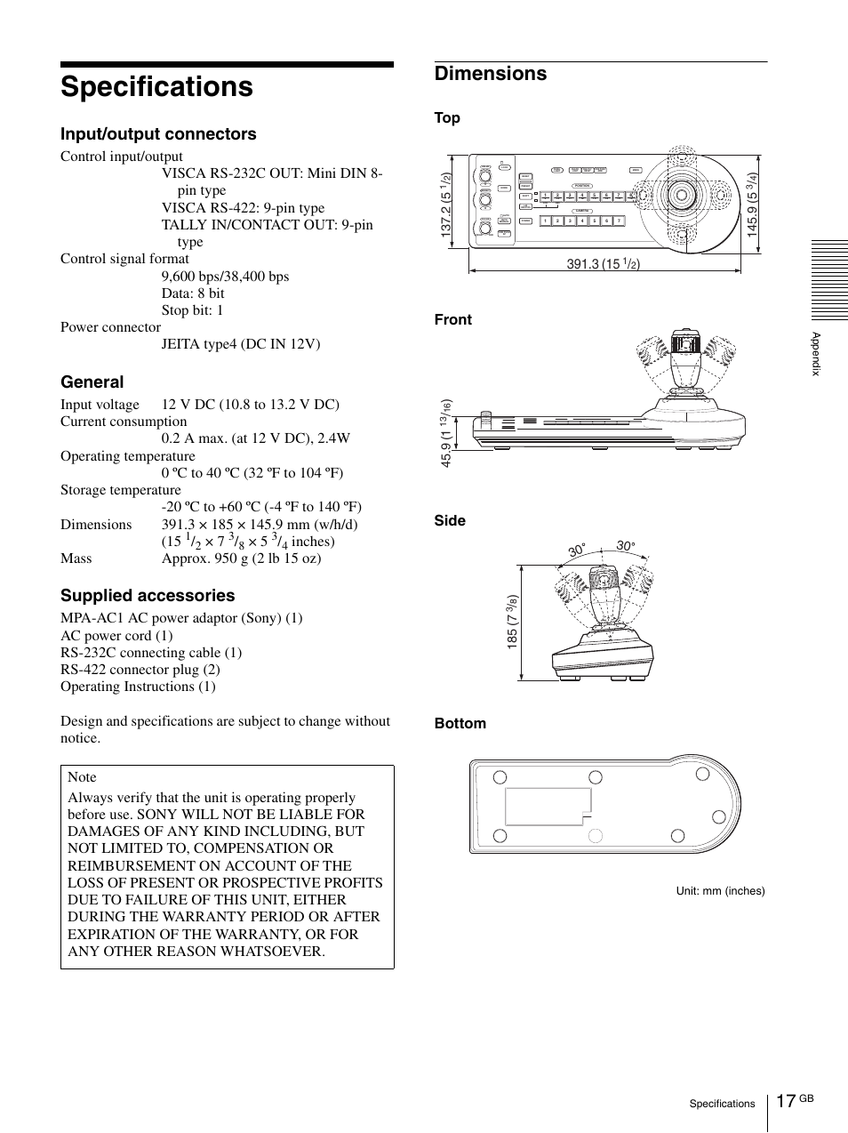 Specifications, Dimensions, Input/output connectors | General, Supplied accessories, Front bottom side top | Sony RM-BR300 User Manual | Page 17 / 80