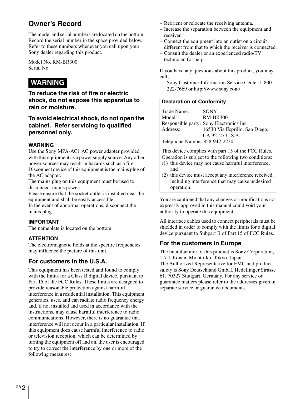 Owner’s record, Warning | Sony RM-BR300 User Manual | Page 2 / 80