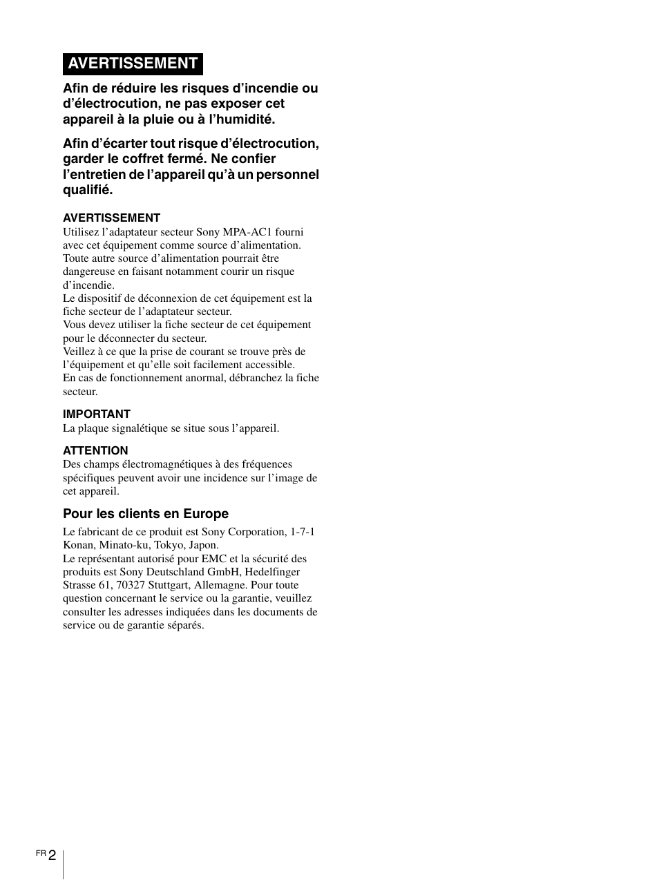 Avertissement | Sony RM-BR300 User Manual | Page 20 / 80