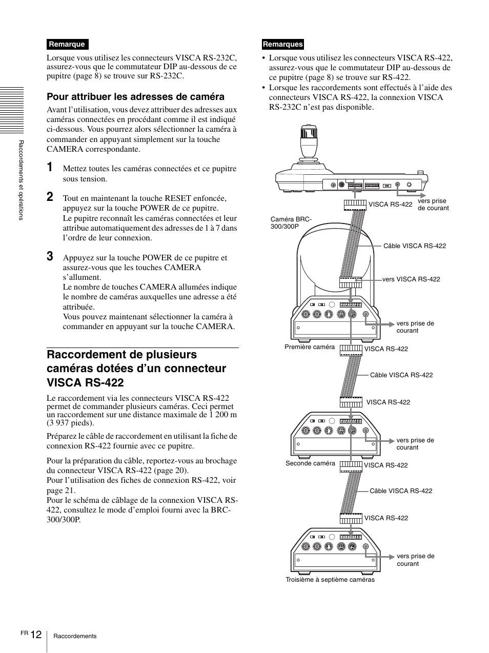 Raccordement de plusieurs caméras dotées d’un, Connecteur visca rs-422, Pour attribuer les adresses de caméra | Remarque, Remarques | Sony RM-BR300 User Manual | Page 30 / 80