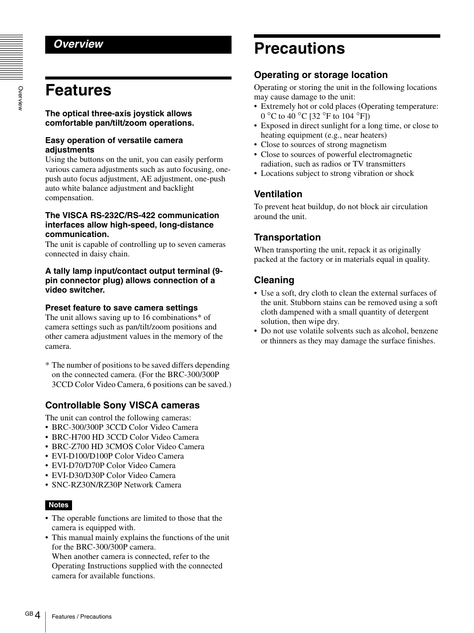 Overview, Features, Precautions | Features precautions | Sony RM-BR300 User Manual | Page 4 / 80
