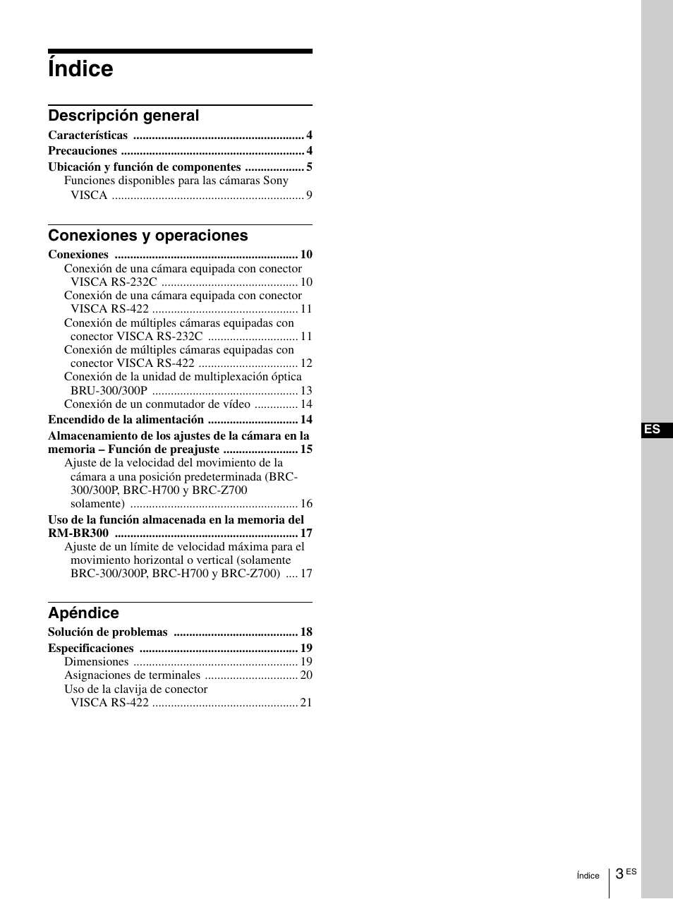 Índice, Descripción general, Conexiones y operaciones | Apéndice | Sony RM-BR300 User Manual | Page 41 / 80